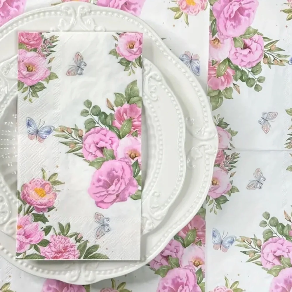 Spring Pink Flower & Butterflies Shower Paper Guest Towel Dinner Napkins, 20 ct